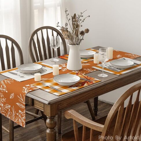 Artoid Mode Hello Fall Pumpkin Maple Leaves Placemats for Dining Table, 12 x 18 Inch Orange Buffalo Plaid Harvest Table Mats Set of 4 for Party Dining Decoration in Saudi Arabia