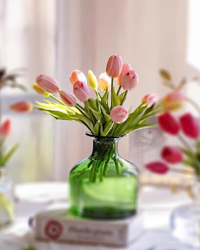 Pink Tulips Artificial Flowers 20 Pieces Artificial Tulips Mother's Day Forever Tulip Bouquet Silk Tulips with Stems for Wedding Birthday Easter Valentine's Day Dinning Room Home Decor in Saudi Arabia