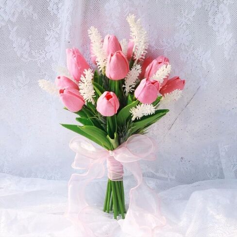 Pink Tulips Artificial Flowers 20 Pieces Artificial Tulips Mother's Day Forever Tulip Bouquet Silk Tulips with Stems for Wedding Birthday Easter Valentine's Day Dinning Room Home Decor in Saudi Arabia