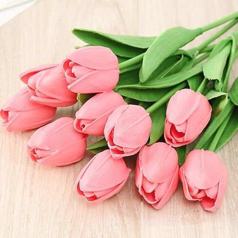 Pink Tulips Artificial Flowers 20 Pieces Artificial Tulips Mother's Day Forever Tulip Bouquet Silk Tulips with Stems for Wedding Birthday Easter Valentine's Day Dinning Room Home Decor in Saudi Arabia