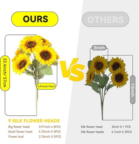 Fake Flowers, Artificial Flower with Stem, Fake Sunlowers for Home and Wedding Décor (9 Silk Fake Sunflower Heads, 22.4 inch Tall) in Saudi Arabia