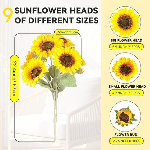 Fake Flowers, Artificial Flower with Stem, Fake Sunlowers for Home and Wedding Décor (9 Silk Fake Sunflower Heads, 22.4 inch Tall) in Saudi Arabia