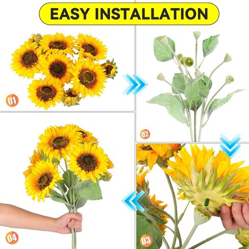 Fake Flowers, Artificial Flower with Stem, Fake Sunlowers for Home and Wedding Décor (9 Silk Fake Sunflower Heads, 22.4 inch Tall) in Saudi Arabia