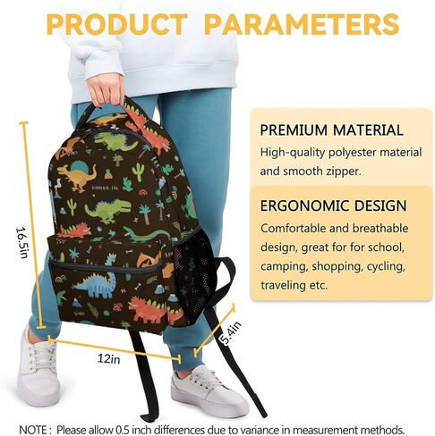 Kids Boys Dinosaur School Backpack, 16" Black Dinosaur School Bag for Toddler Students, Cute Large Capacity Bookbag for Preschool in Saudi Arabia