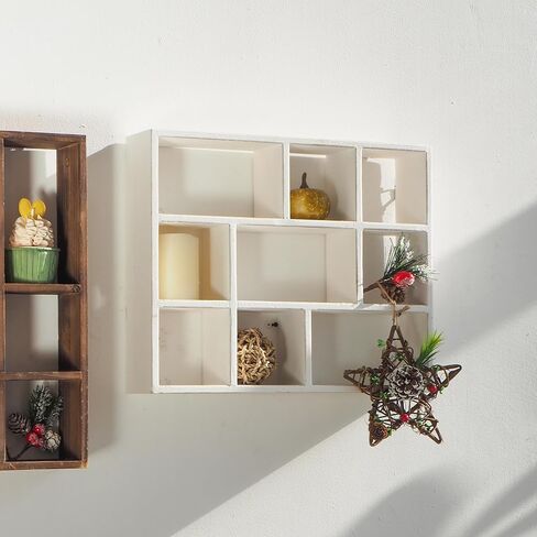 SOFE Small White Shadow Box with Shelves, Wall Shelving Unit 9-Compartments, Freestanding or Wall Mounted Curio Cabinet, Knick Knack Display Shelf, Wood Floating Cube Shelves for Wall, Collectibles in Kuwait