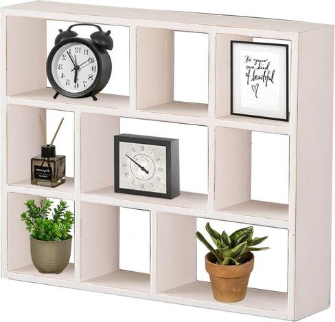 SOFE Small White Shadow Box with Shelves, Wall Shelving Unit 9-Compartments, Freestanding or Wall Mounted Curio Cabinet, Knick Knack Display Shelf, Wood Floating Cube Shelves for Wall, Collectibles in Kuwait