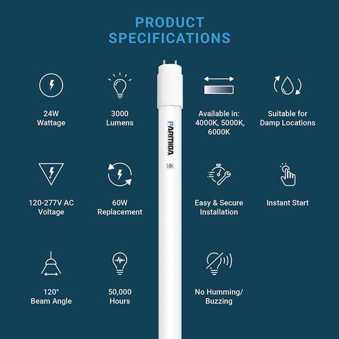 PARMIDA 20-Pack 4FT LED T8 Hybrid Type A+B Light Tube, 24W, Plug & Play or Ballast Bypass, Single-Ended OR Double-Ended Connection, 3000lm, Frosted Cover, T8 T10 T12, ETL - 6000K in Saudi Arabia