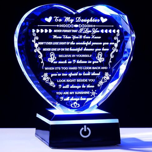 هدايا ابنة مع قاعدة LED ملونة، هدايا عيد ميلاد ابنة للكبار من الأم والأب قلب كريستالي ذو مغزى إلى ابنتي هدية تذكارية لابنتها في عيد الميلاد وعيد الحب والتخرج in Saudi Arabia