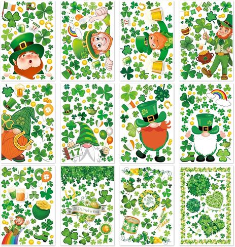 St-Patricks-Day-Window-Clings-Decorations, 12 Sheets St Patrick's Day Shamrock Window Clings, Holiday Seasonal Window Clings for Bar Office Home School Decoration Party Supplies in Saudi Arabia