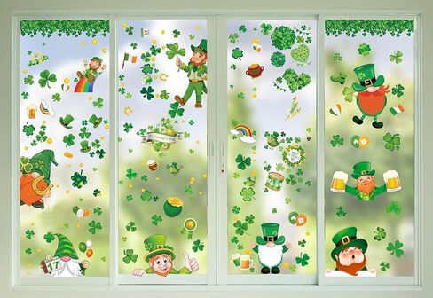 St-Patricks-Day-Window-Clings-Decorations, 12 Sheets St Patrick's Day Shamrock Window Clings, Holiday Seasonal Window Clings for Bar Office Home School Decoration Party Supplies in Saudi Arabia
