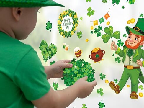 St-Patricks-Day-Window-Clings-Decorations, 12 Sheets St Patrick's Day Shamrock Window Clings, Holiday Seasonal Window Clings for Bar Office Home School Decoration Party Supplies in Saudi Arabia