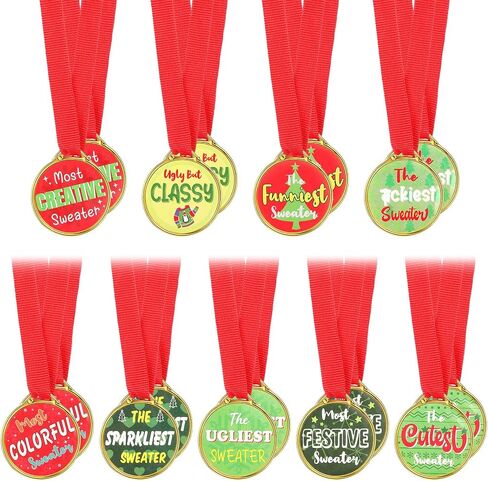 Shappy 18 Pcs Christmas Medal Award for Ugliest Sweater Contest Ugly Sweater Award Prizes Xmas Medals with Red Neck Ribbon for Holiday Ugliest Sweater Party Christmas Tree Ornaments in Saudi Arabia