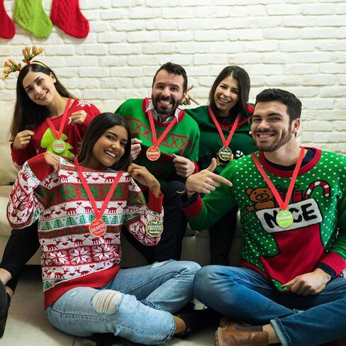 Shappy 18 Pcs Christmas Medal Award for Ugliest Sweater Contest Ugly Sweater Award Prizes Xmas Medals with Red Neck Ribbon for Holiday Ugliest Sweater Party Christmas Tree Ornaments in Saudi Arabia