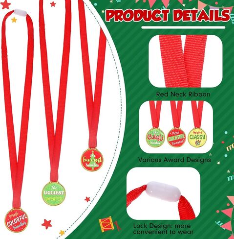 Shappy 18 Pcs Christmas Medal Award for Ugliest Sweater Contest Ugly Sweater Award Prizes Xmas Medals with Red Neck Ribbon for Holiday Ugliest Sweater Party Christmas Tree Ornaments in Saudi Arabia
