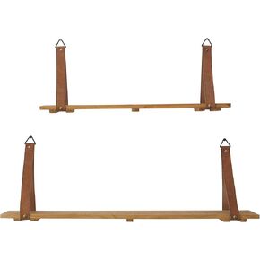 CosmoLiving by Cosmopolitan Wood 2 Shelves Wall Shelf with Faux Leather Straps, Set of 2 24", 32"W, Brown