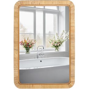 FUIN 20" x 30" Rattan Boho Rectangle Wall Mounted Bathroom Mirror