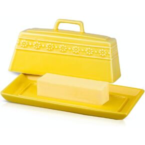 KOOV Porcelain Butter Dish with Lid for Countertop, Butter Dishes with Cover, Large Capacity, Perfect for East/West Butter (Yellow)