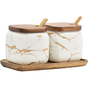 Sets of 2 Marble Ceramic Seasoning Jars Ceramic Sugar Salt bowl Condiment Pots with Wooden Lids,Wooden Spoon and Wooden Tray(White)