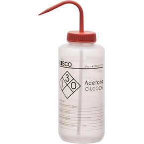 EISCO Wash Bottle for Acetone, 1000ml - Labeled with Chemical Information & Safety Information (1 Color) - Wide Mouth, Self Venting, Low Density Polyethylene - Performance Plastics Labs