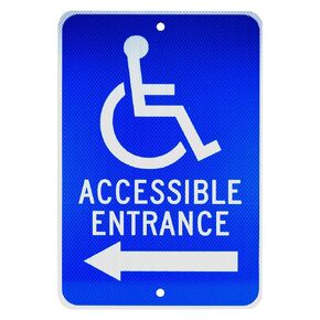 NMC TM151J ACCESSIBLE ENTRANCE – 12 in. x 18 in. Heavy Duty Reflective Aluminum Sign with Handicap Symbol and Right Arrow Graphic, White Text on Blue Base