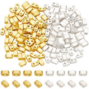 PH PandaHall 160pcs 2-Hole Seed Beads 24K Gold 925 Sterling Silver Plated Tila Beads Multi-Strand Linking Connectors Synthetic Hematite Beads for Cord Bracelets Necklace Jewelry Making
