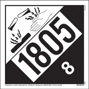 1805 Placard, Class 8 Corrosive 25-pk. - 10.75" x 10.75" Removable Self Adhesive Vinyl for Temporary Applications - J. J. Keller & Associates - Complies with DOT Hazmat Placard Requirements