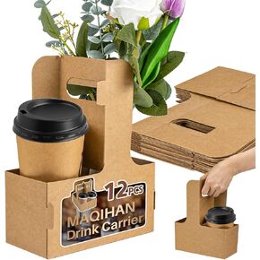 2 Cup Drink Carrier with Handle - 12Pcs Disposable Paper Cardboard Coffee Cup Holder Portable Drink Caddy Cup Carriers Foldable to go Cup Holder Food Delivery Accessories for Hot/Cold Drinks