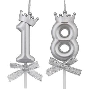 18 Birthday Candles, 18th Cake Candles, Silver Happy Birthday Number 18 Candles Cake Topper Decorations for Party Kids Boys Girls