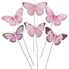 Cartanfill- Artificial Feather 3D Butterfly Party Decorations Set of 12 with Wire, 6 Color Pink Ornaments for Home Decoration.