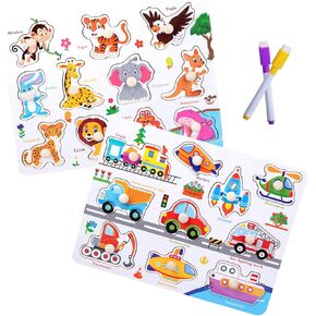 2 Pack Wooden Puzzle for Toddlers 1-3, Toddlers Toys Age 1 2 3 Years Old Boy Girls, Alphabet and Number Puzzles Sensory Learning Toys (Farms and Insects)