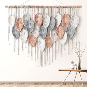 Alynsehom Large Macrame Wall Hanging, Boho Woven Tapestry, Chic Modern Bohemian Handmade Leaf Feather Wall Art Home Decor for Apartment Dorm Living Room Bedroom Nursery Backdrop (39" W X 29.5" L)