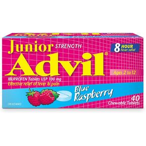 Junior Strength Advil Ibuprofen 100 mg Tablets USP Blue Raspberry 40 Chewable Tablets