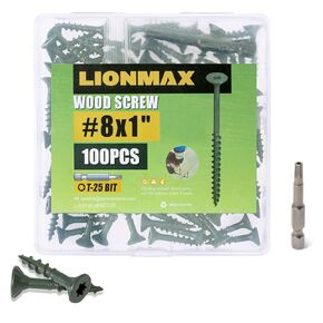 LIONMAX Deck Screws 1 Inch, Wood Screws #8 x 1", 100 PCS, Rust Resistant, Exterior Epoxy Coated, Outdoor Decking Screws, Torx/Star Drive Head Screw, T25 Star Bit Included, Green