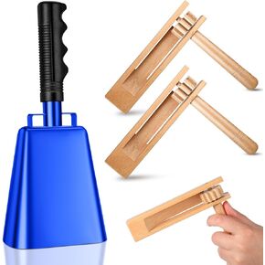 3 Pieces Noise Makers 10 Inch Steel Cowbell with Handle and 2 Pieces Wooden Spinning Rattle Ratchet Cheering Percussion Musical Instrument Traditional Matraca Toy for Game Sporting Events Wedding Farm