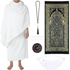 15 Pcs Ahram Ihram Ehram Clothing for Hajj and Umrah for Men Include 2 Pcs Islamic Clothing Towel Muslim Prayer Rug Mat Compass Fanny Pack Prayer Bead Necklace Pins for Men Ramadan Gifts