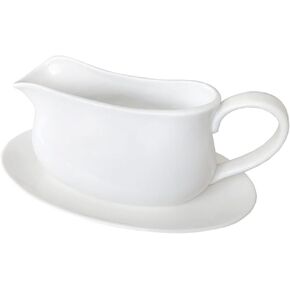 Qlans 17oz Gravy Boat with Saucer Stand, Set of 1, Ceramic Sauce Boat with Tray for Salad Dressings,ketchup， Creamer, Broth, Black Pepper, White