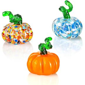 3 Pcs Halloween Hand Blown Glass Pumpkin Decorations, Mini Pumpkins Halloween Pumpkin Figurines, Glass Fruit Decor for Halloween Thanksgiving Ornament, Fall Harvest and Collectible Figurine Present
