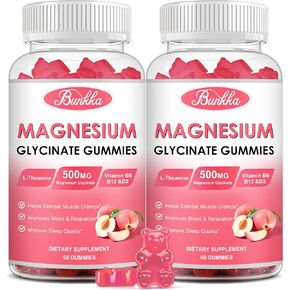 (2 Pack) Magnesium Glycinate Gummies-Magnesium Glycinate 500mg, Magnesium Complex Supplement with Potassium, VitaminD, B6 for Calm, Sleep&Stress Relief-Sugar Free, 120 Peach Magnesium Gummies