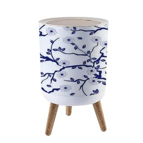 Oriental Floral Blue and White Ceramic Chinese Porcelain Painting Hand Trash Can with Lid Kitchen Bathroom Bedroom 1.8 Gallon Press Cover Wastebasket Office Wood Small Garbage Bin Waste Bin