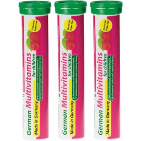 T&D German Multivitamin for Children 60 Drink Effervescent Tablets - Sweet Raspberry Flavour, Sugar Free, Vegan - Vitamin C, E, B1, B2, B6, B12, Folic Acid, Niacin Pharma – Made in Germany