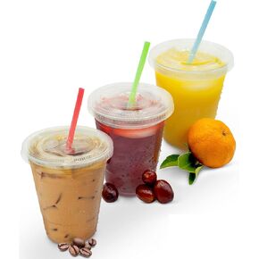 [100 Sets - 16 oz. with Lids] Clear Plastic Cups with Lids - Ice Coffee Juice Smoothie Disposable Recyclable To Go Cups for Iced, Cold, Frozen, Cool or Room Temperature Beverages