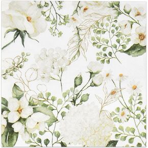 Gift Boutique 100 White Floral Cocktail Beverage Napkins Disposable Paper Spring Blossom Flowers Greenery Dessert Napkin for Wedding Holiday Bridal & Baby Shower Tableware Party Supplies