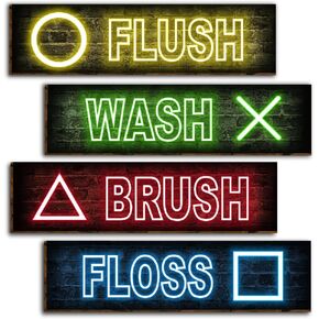 4 Pieces Bathroom Wall Decor Signs, Wash Brush Floss Flush, Gamer Wall Art, Printed Neon Gaming Posters, Bathroom Wall Sign Wood Hanging Signs for Laundry Room, Laundry Room Decor-1