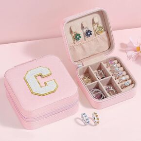 Parima Trendy Travel Jewelry Case - Lightweight and Compact Jewelry Organizer Box, Jewelry Box for Necklace, Earrings, Rings, Can Be Placed in Cosmetic Bag Tote Bag - Initial C, White on Pink