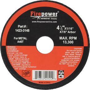 Firepower 1423-3182 Type 1 Abrasive Cut-Off Wheel for Metal, 4-Inch Diameter, 1/32-Inch Width with 3/8-Inch Hole, 5-Pack