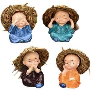 UPKOCH 4 Buddha Monk Statues 4pcs Miniature Monks Figurine Hear No Evil See No Evil Speak No Evil Do No Evil Statue Little Kungfu Monk in Straw Hat for Car Decorations