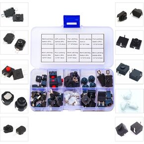 Latching Push Button Switch Assorted Kit Self-Lock Micro Mini Bent & Flat 2Pin 3Pin 4Pin On Off Switch for Torch SMD Flashlight Type Light Lamp Electronics DIY Assortment Kit