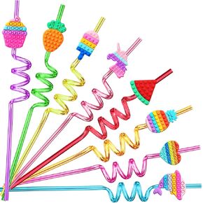 24 Pop Birthday Party Favors it Plastic Drinking Straws 8 Pop Fidget Designs Great for Pop Party Supplies with 2 Cleaning Brush
