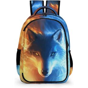 Wolf Backpack for Kids Boys Girls, Cool Ice and Fire Wolf Backpack, Cool Wolf School Backpack, Water Resistant Daypack Travel Backpack for Elementary Middle High School Students, 16.5 Inch