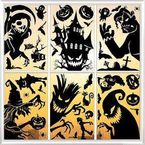 62Pcs Halloween Window Clings Horror Halloween Window Stickers Black Ghost Pumpkin Spider Bats Grim Reaper Witch Window Decals Supplies for Indoor Outdoor Halloween Party Decorations Kits 9 Sheets